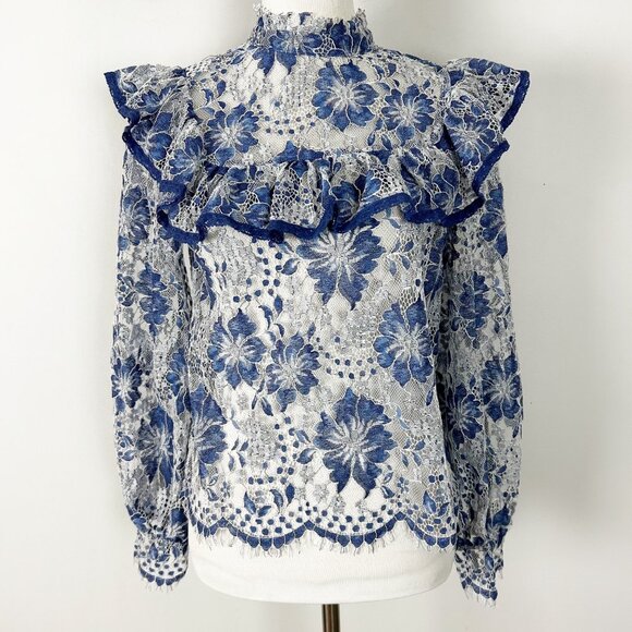 Vici Tops - Vici Blue Floral Lace Top Ruffle Neckline Fairy Boho Size Small Women's